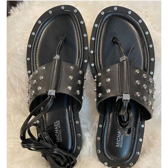 MICHAEL Michael Kors | Black Jagger Ankle-Tie Studded Leather Sandal | Size 7 - Picture 6 of 13